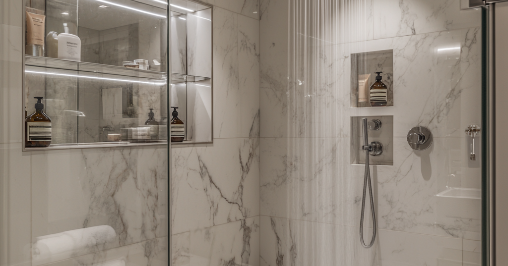 Modern shower renovation with glass enclosure and rainfall showerhead